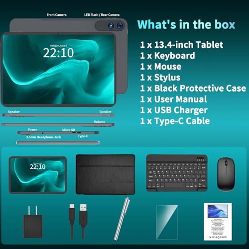 13 Inch Tablet with Keyboard, Android 16 Tablet, 32GB+256GB+2TB Expand, 1920x1200 IPS Display, Gemini AI, 10000mAh, 8-Core, Wi-Fi, GPS, Large Screen Tablet PC with Case, Mouse, Stylus(Black Case)