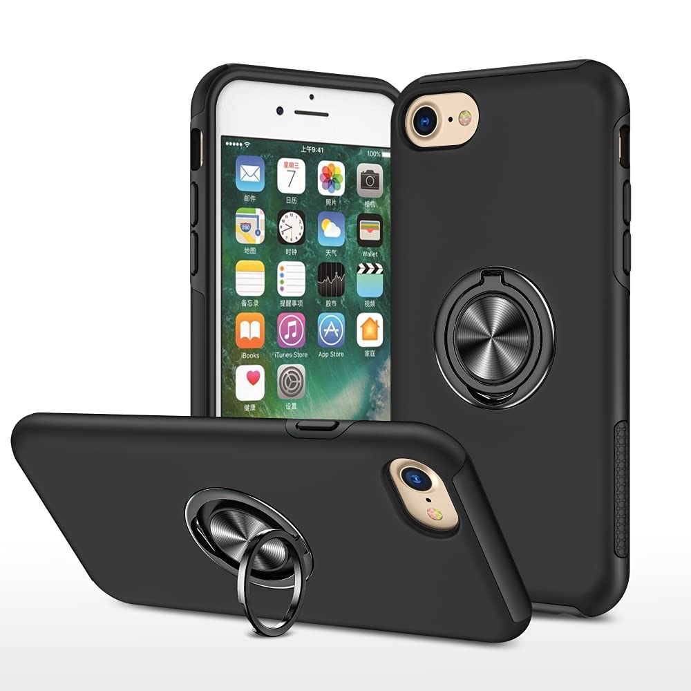 EYZUTAK Case for iPhone 7 Plus iPhone 8 Plus, 360 Degree Rotation Magnetic Metal Finger Ring Holder Magnet Car Holder Inner Silicone with Camera Protection Glossy Anti-drop Hard Cover - Black