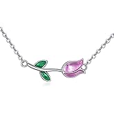 CUPENDA Tulip Necklace for Women 925 Sterling Silver Pink Tulip Pendant Necklace Tulip Flower Jewelry Gifts for Women