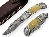 AishaTech Bear Head Pocket Knife Damascus steel Lock Blade Bone Handle