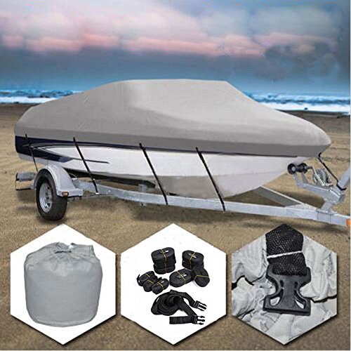 Roadstar Boat Cover Heavy Duty 600D Marine Grade Oxford Fabric Trailerable Waterproof Fit for 14 15 16Ft Length 90" Beam Width V-Hull Tri-Hull Trailer Fishing Ski Runabout Boat Cover Gray