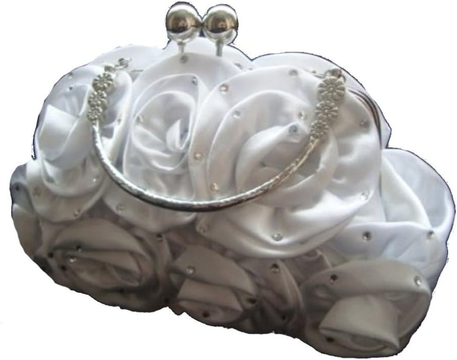 Satin Silk Rose Diamante Flower Wedding Evening Handbag Party Clutch prom 12 Colours (WHITE)