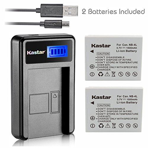 Kastar Battery (X2) & LCD Slim USB Charger for Canon NB-4L, CB-2LV and ELPH 100 HS, 310 HS, 300HS, 330HS, Powershot SD1400 IS, SD750, SD1000, SD600, SD1100 IS, SD630, SD400, SD450, SD780, VIXIA mini