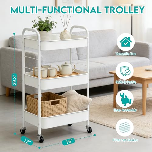 ZOESTORAGE 3 Tier Rolling Cart Metal Storage Cart with Wheels for Home, Bathroom, Kitchen, Laundry, Office and Rolling Cart Kitchen for Books, Vegetables and Snacks, White