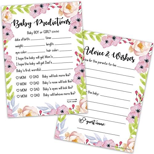Baby Shower Floral Cards 5"x7" Predictions and Advice Game, Entire Border Floral, Doublesided (50)