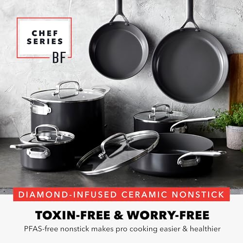 GREENPAN X BOBBY FLAY HARD ANODIZED NONSTICK 10 PIECE COOKWARE SET, PFAS-FREE CERAMIC POTS & PANS, INDUCTION SUITABLE, FRYPANS, SAUCEPANS SAUTE, STOCKPOT, GLASS LIDS, DISHWASHER & OVEN SAFE, BLACK