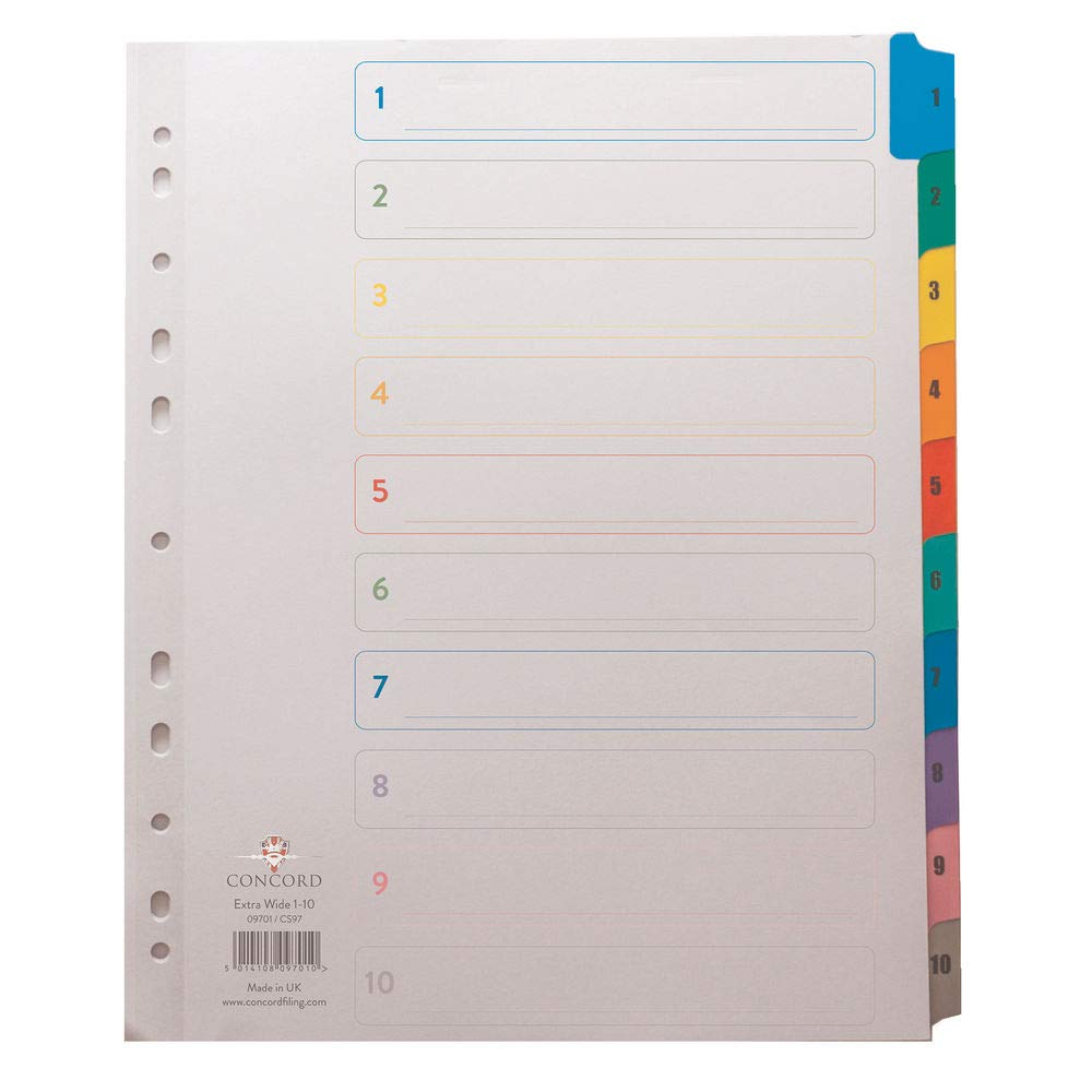 Concord Punched Pocket Index Multicolour-tabbed Europunched 1-10 Extra Wide A4 White Ref CS98