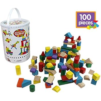 Right Track Toys Wooden Blocks 100 Pc Wood Building Block Set With Container Rainbow Colored 100 Real Wood In 7 Colors And 14 Shapes