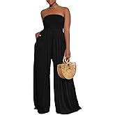Ophestin Women's Strapless Tube Wide Leg Jumpsuits Smocked Women Jumpsuits Dressy Casual Flowy One Piece Jumpsuits Rompers