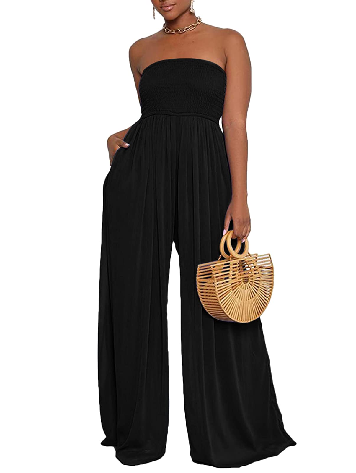 Chartou Women's Elegant Chiffon Halter Neck Backless Wide Leg Jumpsuit
