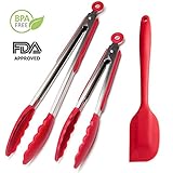 Chef Hessler's Professional Silicone Kitchen Tongs 2 Pack (9 Inch & 12 Inch) ★ Bonus 11 Inch Silicone Spatula ★ Sturdy Stainless Steel 1 mm Handles Barbecue Tongs, Salad Tongs, Ice Tongs, Food Tongs, (Red)