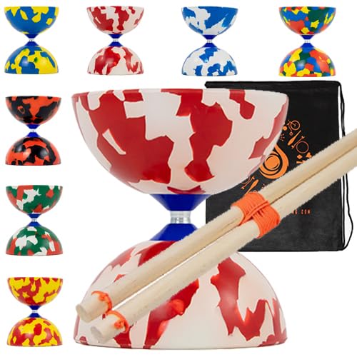 Jester Diabolo Set with Wood Sticks - Pro Medium Rubber Diablo Set With Wooden Handsticks and Cascade Carry Bag (Red and White)