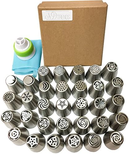 Newest Extra Large Russian Piping Tips 32 pcs + 1 Reusable Silicone Pastry Bag + 1 Tri-Color Coupler 304 Stainless Nozzle Buttercream Professional Most Popular Decorating Kit Cup Cake Decoration