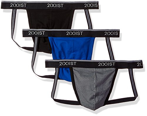 2(x)ist Men's Cotton Stretch 3 Pack Jock Strap, Grid/Black/Royal, XL