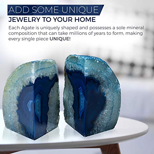 Geode Bookends 1 Pair 6-9 lbs (Dyed Blue)| Stone Bookends for Light and Heavy Books | Unique Brazilian Crystal Book Ends in Agate Stone to Hold Books, geode Decor and Paperweight | 3 Colors Available