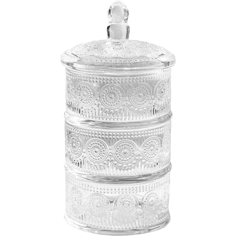 Zerodeko Candy Dish Glass Storage Jars 3 Tier Decorative Round Glass Storage Jars Clear Glass Stackable Snack Containers Apothecary Jar Sweets Canning Glass Jar for Kitchen Bathroom
