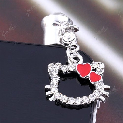 CJB Dust Plug / Earphone Jack Accessory Lovely Kitty Shape Rhinestone for iPhone 4 4s S4 5 All Device with 3.5mm Jack (US Seller) (Red)