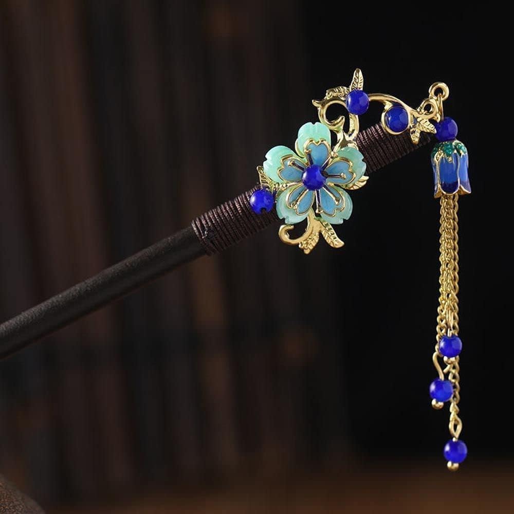 Blue Chinese Japanese Hair Stick, Retro Wooden Hairpin Flower Chopsticks, Vintage Tassel Hair, Wedding Party Stick Hanfu Hairpins Styling Pins Hair Accessories
