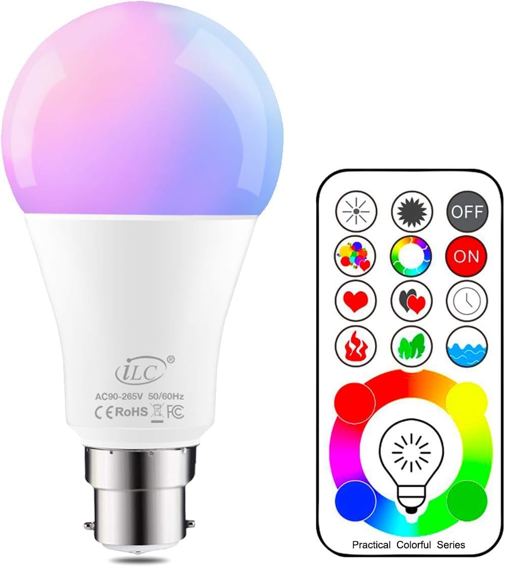 iLC B22 LED Colour Changing Light Bulb with Remote Control RGBW Bayonet - 120 Different Color Choices – RGB Daylight and White Dimmable Coloured – Timing Function