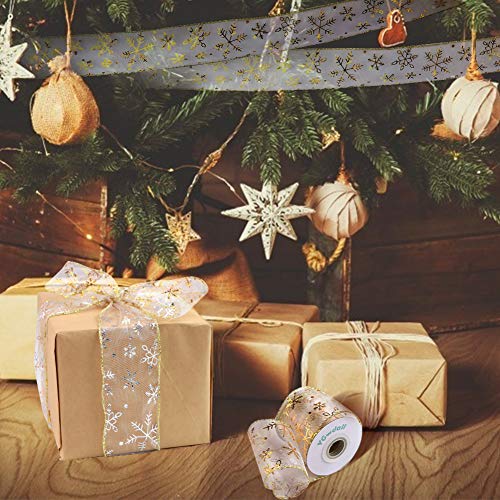10Yard x2.4Inch Christmas Ribbons Double Faced Ribbon Gold and Silver Snowflake Wired Ribbon for Christmas Tree Wedding Home Decoration