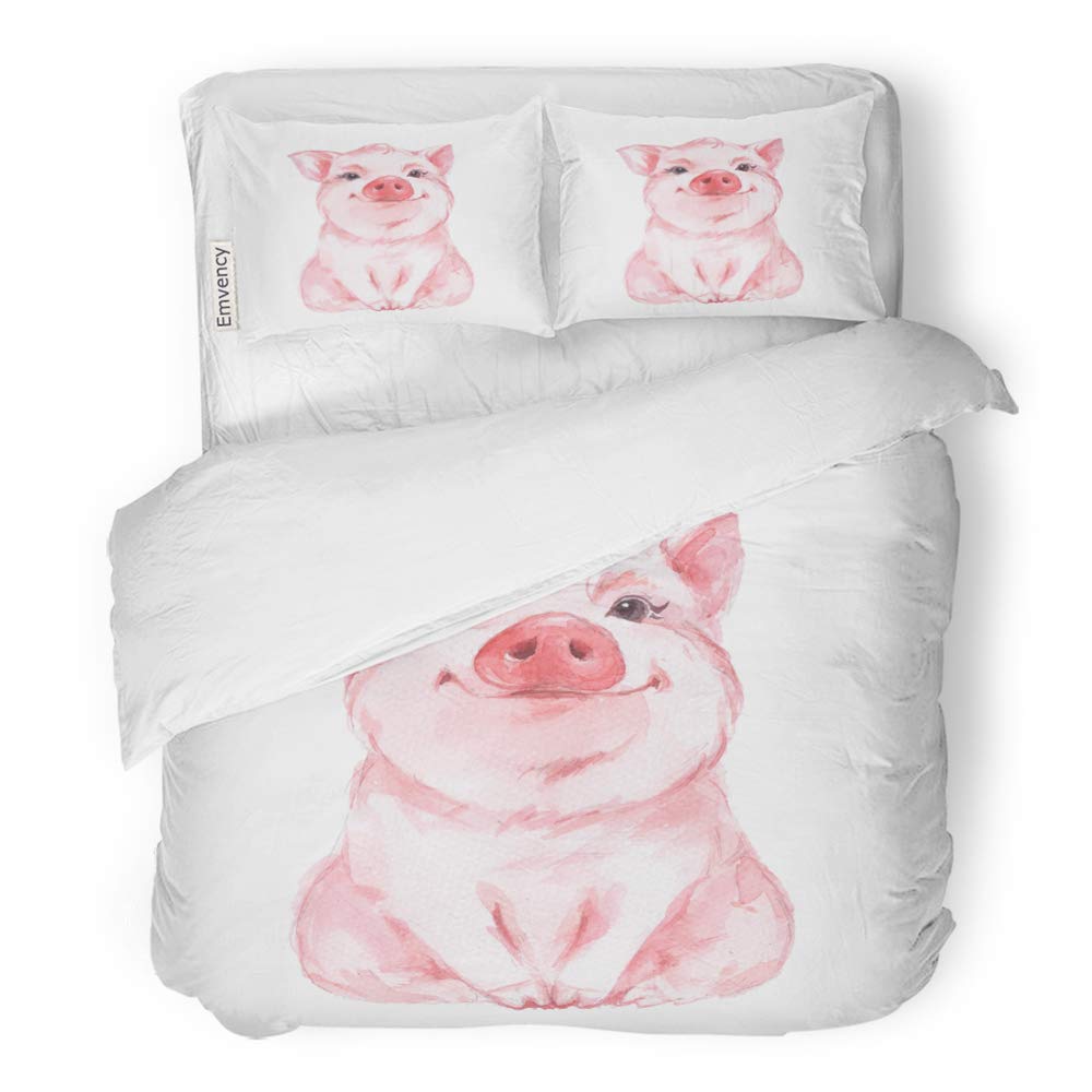 Emvency 3 Piece Duvet Cover Set Brushed Microfiber Fabric Breathable Pink Animal Funny Pig Cute Watercolor Farm Baby Bedding Set with 2 Pillow Covers Full/Queen Size