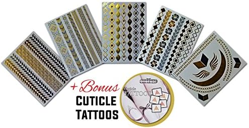 Temporary Metallic Gold Tattoos Non-Toxic Flash Tattoos Waterproof Silver Long Lasting Bride Bohemian Bachelorette Tattoos+ BONUS Cuticle Tattoo