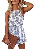 JOYEBUY Women Flower Print Summer Beach Romper Sexy Strap Backless Jumpsuit (Small, Blue)