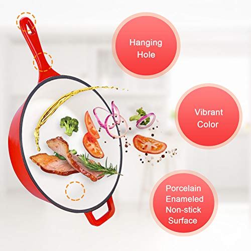 Enameled 2-In-1 Cast Iron Multi-Cooker - Heavy Duty 3.2 Quart Skillet and Lid Set, Cast Iron Saucepan and Shallow Skillet Lid Set Sauce Pot & Nonstick Frying Pan (Red)