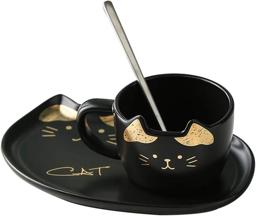 Krycslove Creative Cute Teacup Ceramic Coffee Cup with Spoon and Saucer Set, Gift for Cat Lovers (Black)