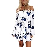 NEARTIME Womens Dress, Off Shoulder Flounce Sleeves Casual Floral Short Mini Dress