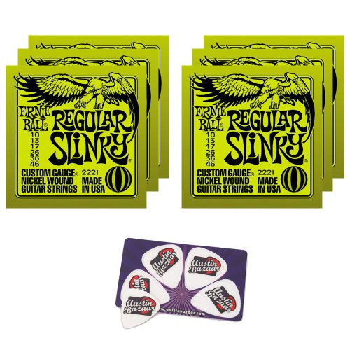 Ernie Ball 2221 Regular Slinky String Set (10 - 46) Electric Guitar Strings - 6 Pack with Picks