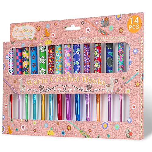 Coopay 14pcs New Warm Crochet Hooks for Beginner Crochet Hook Set, 2mm to 10mm Art Aluminum Comfy Grip Crochet Needles for Crocheting Knitting & Crochet Supplies Christmas Crochet Gifts for Crocheters