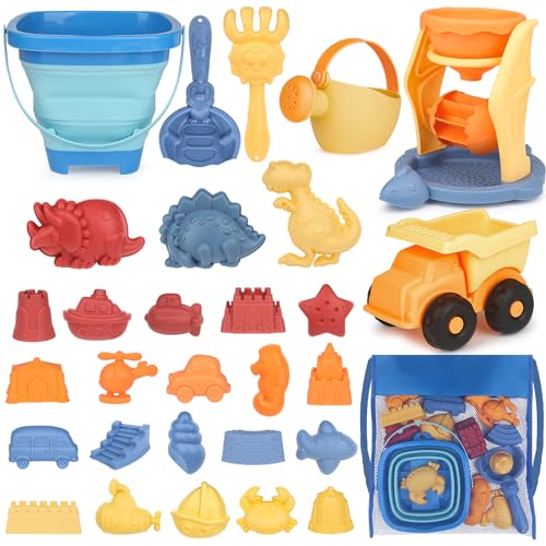 YIMORE Beach Games, 30 Pieces Beach Toys Children with Folding Bucket, Net Bag, Sand Toys, Beach Games Boys Girls 2 3 4 5 6 Year Old