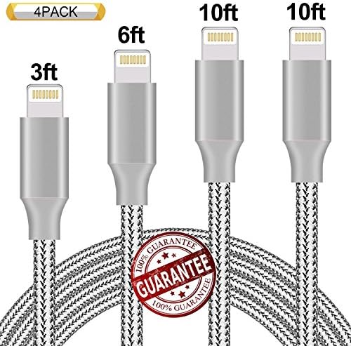 Zcen Lightning Cable 4Pack 3FT 6FT 10FT 10FT Nylon Braided Certified iPhone Cable USB Cord Charging Charger for Apple iPhone 8, X, 7, 7 Plus, 6, 6s, 6+, 5, 5c, 5s, SE, iPad, iPod Nano, Touch (Grey)