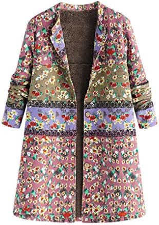 TUDUZ Womens Winter Warm Outwear Vintage Floral Print Button Pockets Parka Oversize Cotton Linen Fluffy Fleece Thick Coats