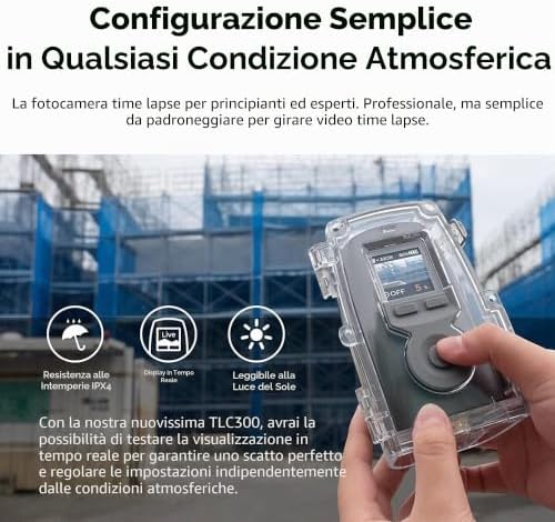 BCC300-C - Kit video Timelapse - Telecamera TLC300 1080P FHD HDR, schermo LCD IPS, custodia protettiva classe IPX4, morsetto di fissaggio