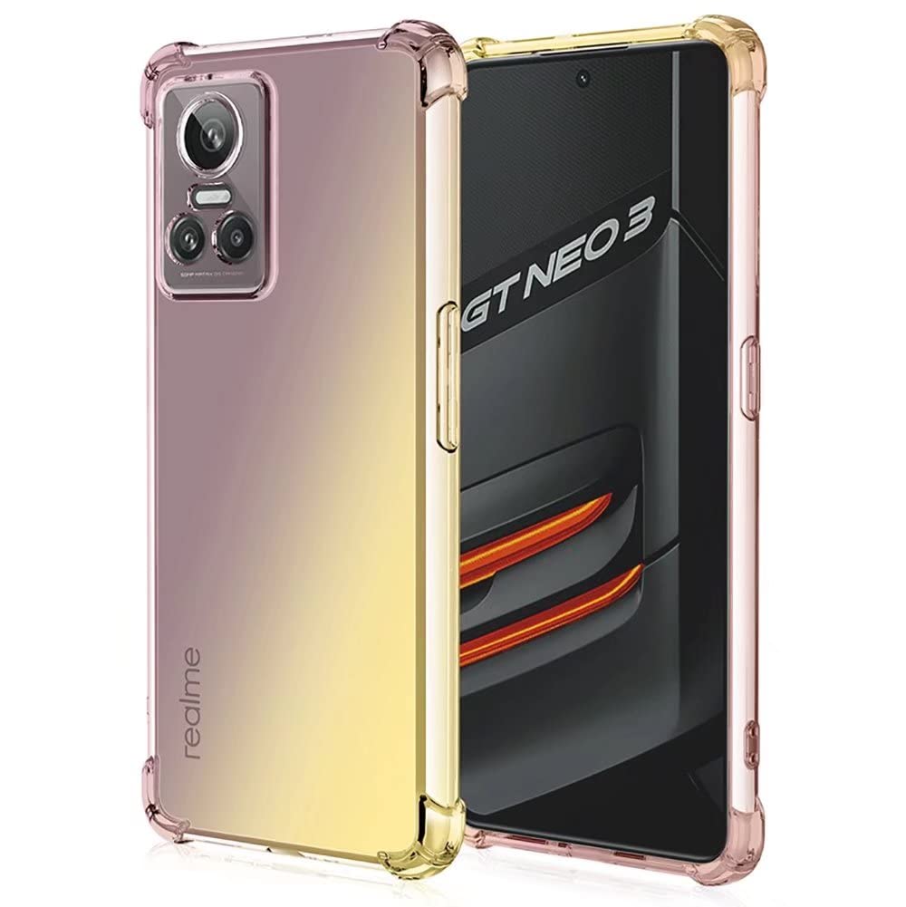 YUWEN Colorful Gradient Case for Realme GT Neo 3, Clear Soft TPU Silicone Cover with Shockproof Bumper Black Gold