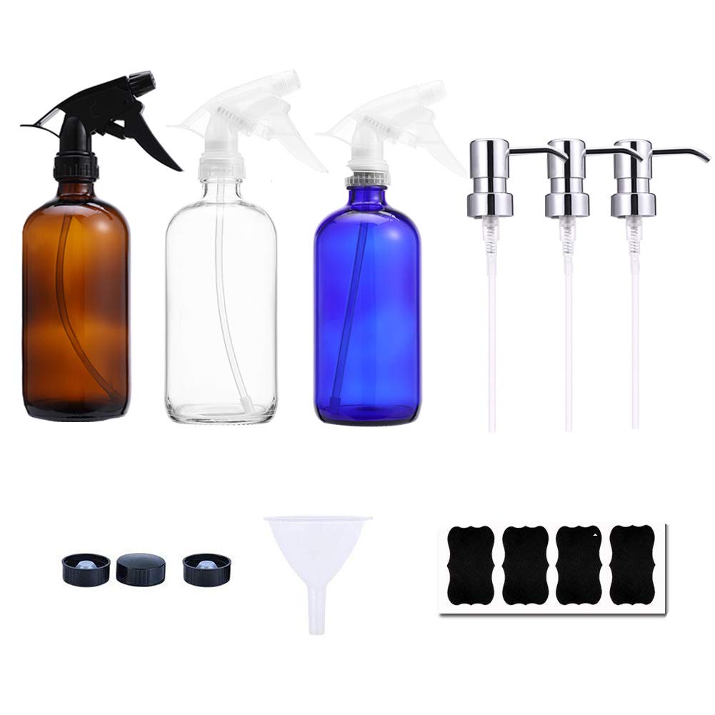 Empty Glass Spray Bottles 16 oz with 3 Pump Dispensers for Essential Oils Homemade Cleaning Products Accessories 4 Labels 3 Bottles Caps 1 Funnel: Industrial & Scientific