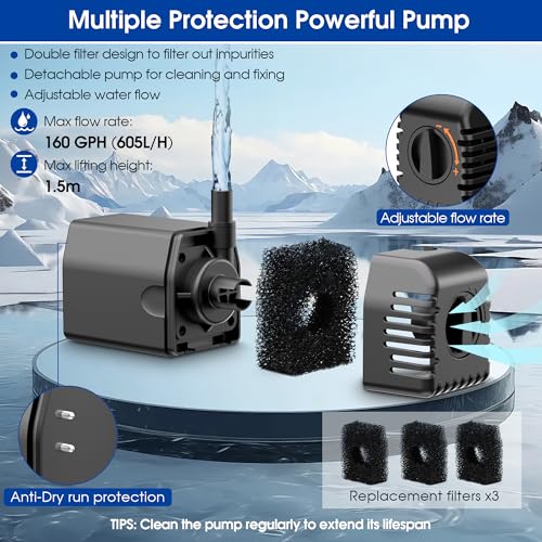 Biling 12W Solar Pond Pump, 160L/H, 1.5m Lift Solar Water Fountain Pump | Safe Anti-Dry Protection & Dual Filtration,DIY 4 Nozzles 5m Cable for Bird Bath,Small Pond&Water Features