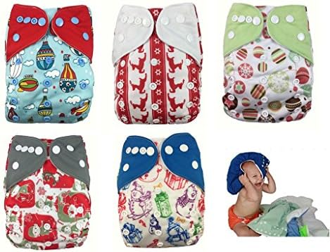NOOYA Printed Cloth Pocket Diaper Nappies for Baby boys girls,5 Pack Covers With 10 Inserts,Adjustable Snap One Size Washable Reusable Diapers