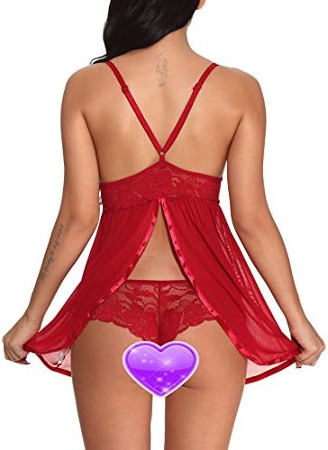 SunBoss Women Babydolls Sexy Lingerie Nighty Lace Chemise Sleepwear Dress Wine Red Small