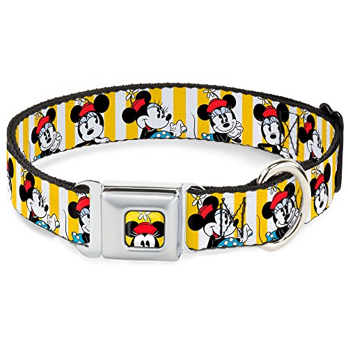 Buckle-Down Seatbelt Buckle Dog Collar - Minnie Mouse w/Hat Poses Stripe Yellow/White - 1