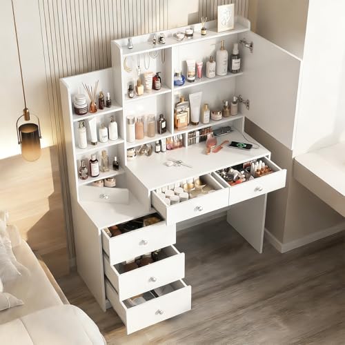 Tocador- Vanity con Espejo Luz LED Mueble para Maquillaje, Tocador de Maquillaje con Estación de Carga Escritorio, Estantes Ocultos, con 6 Cajones y Estantes de Almacenaje para Recamara (Blanco)