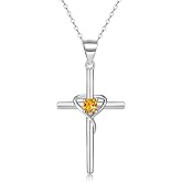 YZSFMZGE Cross Necklace for Women, 925 Sterling Silver Birthstone Necklace, 5A CZ Cross Heart Pendant with Adjustable Chain, 16+2 Inches