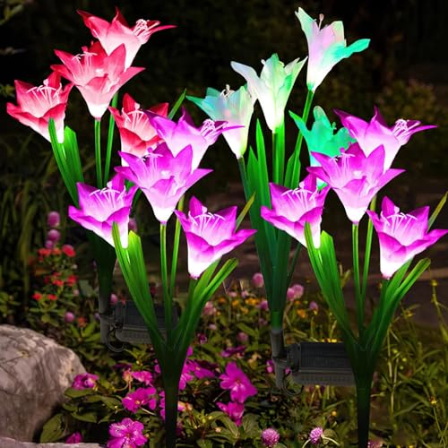 Dolucky Solar Garden Lights, 4 Pack Solar Lights Outdoor with 16 Lily Flowers, Multicolor Changing Solar Flower Lights Waterproof for Patio Lawn Garden Yard Pathway Outside Decoration