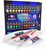 Acrylic Paint Set - 24 X 12ml Tubes, 3 Free Brushes And Palette | Rich Pigment, Non-Toxic | Painting on Canvas, Wood, Ceramic, Fabric | Perfect Paints For Kids, Beginners And Professionals | Decospark