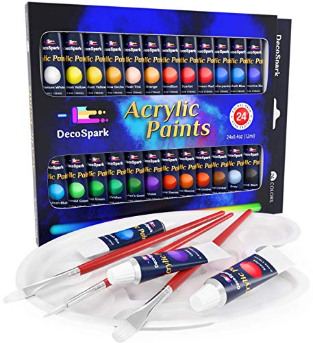 Acrylic Paint Set - 24 X 12ml Tubes, 3 Free Brushes And Palette | Rich Pigment, Non-Toxic | Painting on Canvas, Wood, Ceramic, Fabric | Perfect Paints For Kids, Beginners And Professionals | Decospark