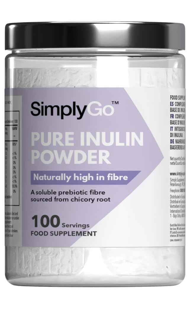 SimplyGo Pure Inulin Powder | 500g | 100 Servings | Great Source of Soluble Dietary Fibre | Prebiotic Supplement | Vegan Friendly | Resealable Tub for Ease