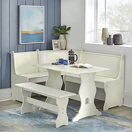 Target Marketing Systems 3 Piece Breakfast Nook Dining Set with a L-Shaped Storage Bench and a Trestle Style Dining Table and Bench, Antique White - Thumbnail 3