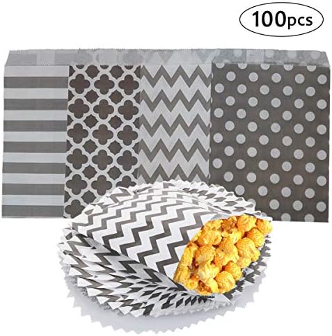 Food Safe Biodegradable Paper Candy Cookie Treat Bags For Party Favor - 100 Counts Assorted Design, 7.09" x 5.12" (Silver grey)